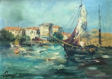 Sergio Raugi Barche Porto Livorno Dipinto Olio su Tavola  cm. 70  x 50