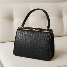 Borsa a mano vintage anni 40 50 LESCO vera pelle di coccodrillo nero oro ferramenta