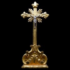 Antico Crocifisso da Altare – Legno Intagliato e Dorato – Cristo in Metallo –...