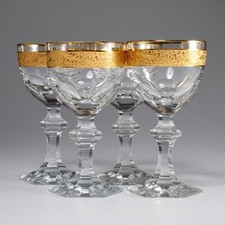 Antique Gold Encrusted Heavy Hexagonal Foot Cut Crystal Wine Glasses 4pc 6.25" A