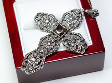 935 Argento - Antico Art Deco Ciondolo a Croce - Topazio Fumè E Markasite -