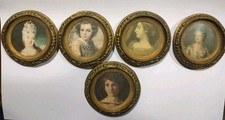 Set 5 miniature ritratti tondi di nobili in cornicette dorate vintage
