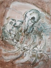 Quadro acquerello espressionista vintage natura morta con ossa e teschi