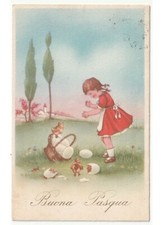 bambina cesto uova nascita pulcini prato cartolina Buona Pasqua d'epoca