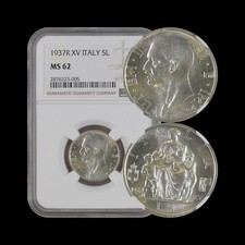 ITALY. 1937, 5 Lire, Silver, R