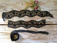 1800 Antico Pizzo Nero Trina Merletto Ricamato Con Perline Di Giaietto -g-