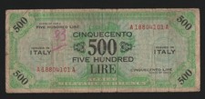 500 LIRE AM BILINGUE 1943 OCCUPAZIONE MILITARE AMERICANA IN ITALIA MB+