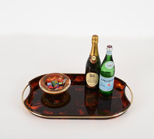 Big GUZZINI Vintage 70s Oval Brass and Tortoiseshell Lucite TRAY Never Used