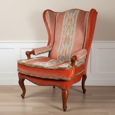 Poltrona Bergère Wingback Vintage Velluto Salmone Tessuto Geometrico Luigi XV