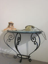 Consolle a mezzaluna in marmo verde lucido con base in ferro battuto 95x40