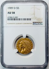 1909 D Mezze aquile d'oro $ 5