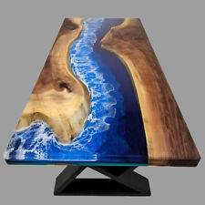 Tavolo da pranzo/divano personalizzato in legno di noce epossidico ispirato all'oceano blu