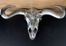 Statua da parete XXL testa di toro alluminio teschio 73 cm testa di mucca bufalo argento nichelato