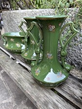 Antico trittico di vasi color verde in ceramica- fiori/jardiniere