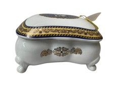 COFANETTO SCATOLA FINE PORCELLANA BIANCA DECORI BLU E ORO CM 17X14 H10 REGALO