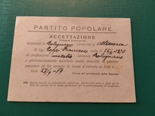 Tessera Accettazione Provvisoria Partito Popolare Italiano PPI 1919 Don Sturzo R