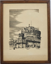 STAMPA antique OLD PRINT Castel Sant'Angelo Omaggio Veduta di Roma con Cornice