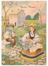 1969 case di campagna bambini fiori uova colorate cartolina vintage Buona Pasqua