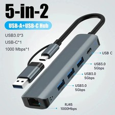 HUB USB-C Adattatore multiporta 5 in 2, USB-C + USB 3.0, Gigabit Ethernet RJ45 