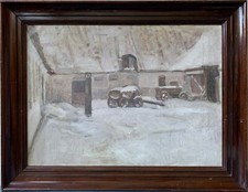 Quadro a Olio Vecchio Fattoria IN Inverno Neve Campagna Con Carrello Danimarca
