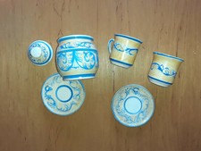 2 tazzine da caffè + zuccheriera Maiolica dipinta a mano Vintage
