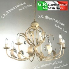 LAMPADARIO IN FERRO BATTUTO 8 LUCI CRISTALLO AVORIO ORO SOSPENSIONE SALOTTO Cloe