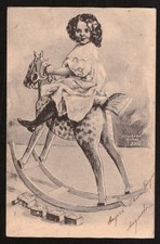 Cartolina Illustratore Bambina con Cavallo a Dondolo - Viaggiata