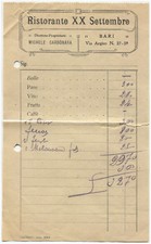 BARI, RISTORANTE XX SETTEMBRE DI MICHELE CARBONARA, CONTO PRANZO, CIRCA ANNI '30