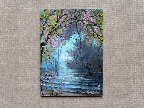 Dipinto olio fiume - , primavera