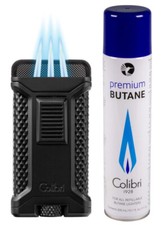 Accendino Colibri Ascari nero metallizzato triplo sigaro 3 fiamme jet + gas