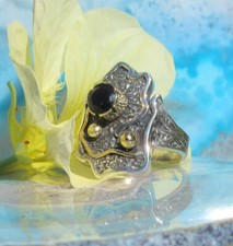 Ω Anello Astratto Scudo Con Nero Onice Color Oro Perle Argento 925 TG 16,5