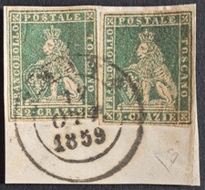 [FASITOS0014]TOSCANA 1857 2 es. 2cr verde grigio giallastro[S.13b] USATI Δ PRATO