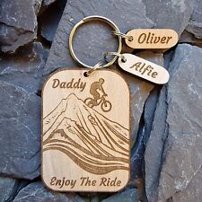PERSONALISED HANDMADE MTB WOODEN KEYRING - MOUNTAIN BIKE ACCESSORY DADDY DAD