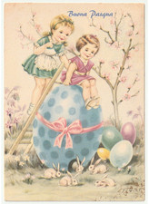 1959 Galbiati bambine uovo di Pasqua gigante conigli cartolina pasquale vintage