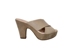 SCARPE SANDALI ZOCCOLI DONNA ELISA CONTE PELLE CAMOSCIO BEIGE TACCO ALTO PLATEAU