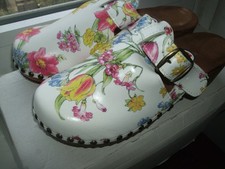 BUXA ZOCCOLI DANESI SVEDESI LEGNO APERTI  PELLE CLOGS 39 NUOVO FIORI FLOWER