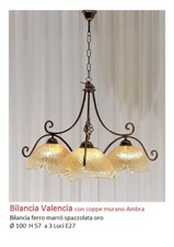 LAMPADARIO A 3 LUCI FORMA A BILANCIA IN VETRO DI MURANO E FERRO BATTUTO 100x57
