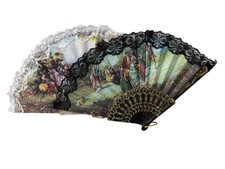 VENTAGLIO IN PLASTICA NERA O BIANCA E TESSUTO STAMPA QUADRI ANTICHI CM 26 CHIUSO