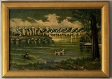 ANTICO PAESAGGIO MARINO NEVE MONTAGNA PAESAGGIO DIPINTO OLIO VECCHIO LAGO VINTAGE 1911