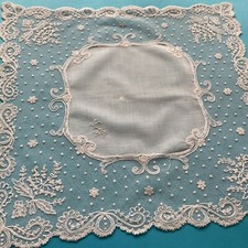 Fazzoletto antico merletto tulle ricamato a tamburo 35 cm monogramma L