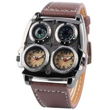 Cool OULM Watch Uomo Militare Sport Quarzo Orologi Doppio Fuso Orario Cinturino Pelle