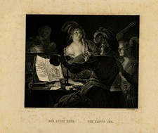 Stampa antica-scena di bordello-teorbo-carravaggista-Honthorst-Fleischmann-ca. 1830