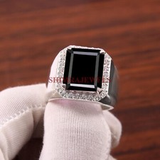 Naturale Onice Nera Gemma Con 14K Placcato Oro Bianco Argento Uomo Anello #1351