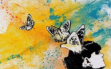 Dipinto graffiti Acrilico vernice spray Ritratto donna con farfalle Street art