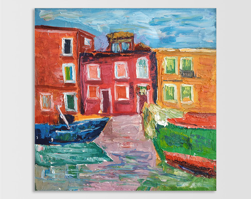 Quadro olio barca paesaggio