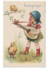 1948 bambina musica mandolino pulcino sul ramo cartolina Buona Pasqua d'epoca