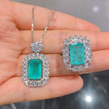 Nuovo 2pz Set Gioielli Donna Neon Blu Tormalina Argento Collana Ciondoli Anelli
