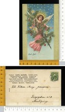 V2169] BUON NATALE ANGELO VESTITO ROSA CON AUREA E ABETE CON CANDELE - RILIEVO