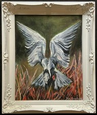 'Angelo della Natura' dipinto ad olio originale contemporaneo ritratto uccellino preda