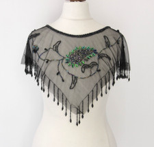 Scialle copri spalle vintage elegante in tulle nero con ricami e perline